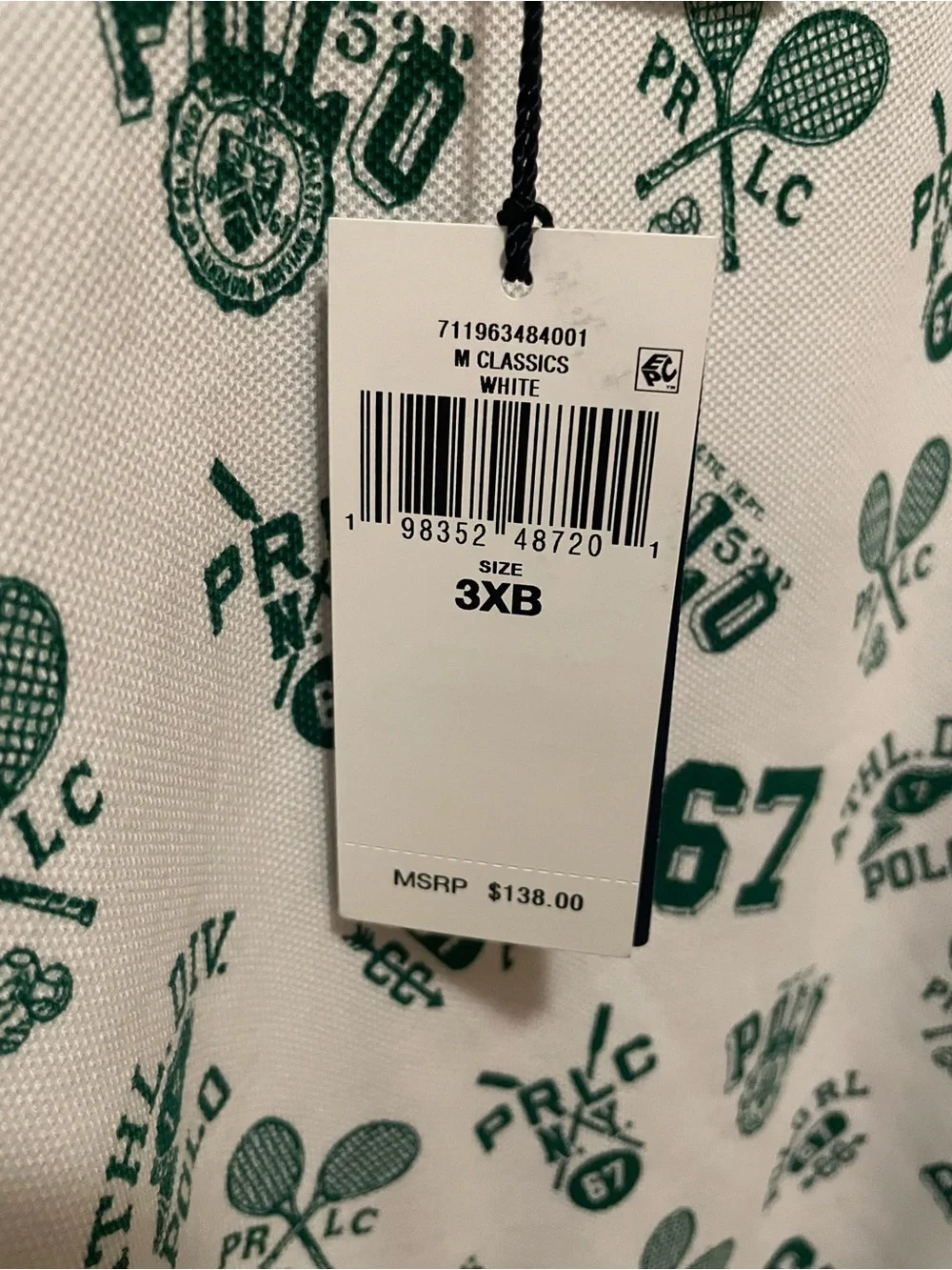 NWT Polo Ralph Lauren white polo shirt with green tennis-themed print 3XB
